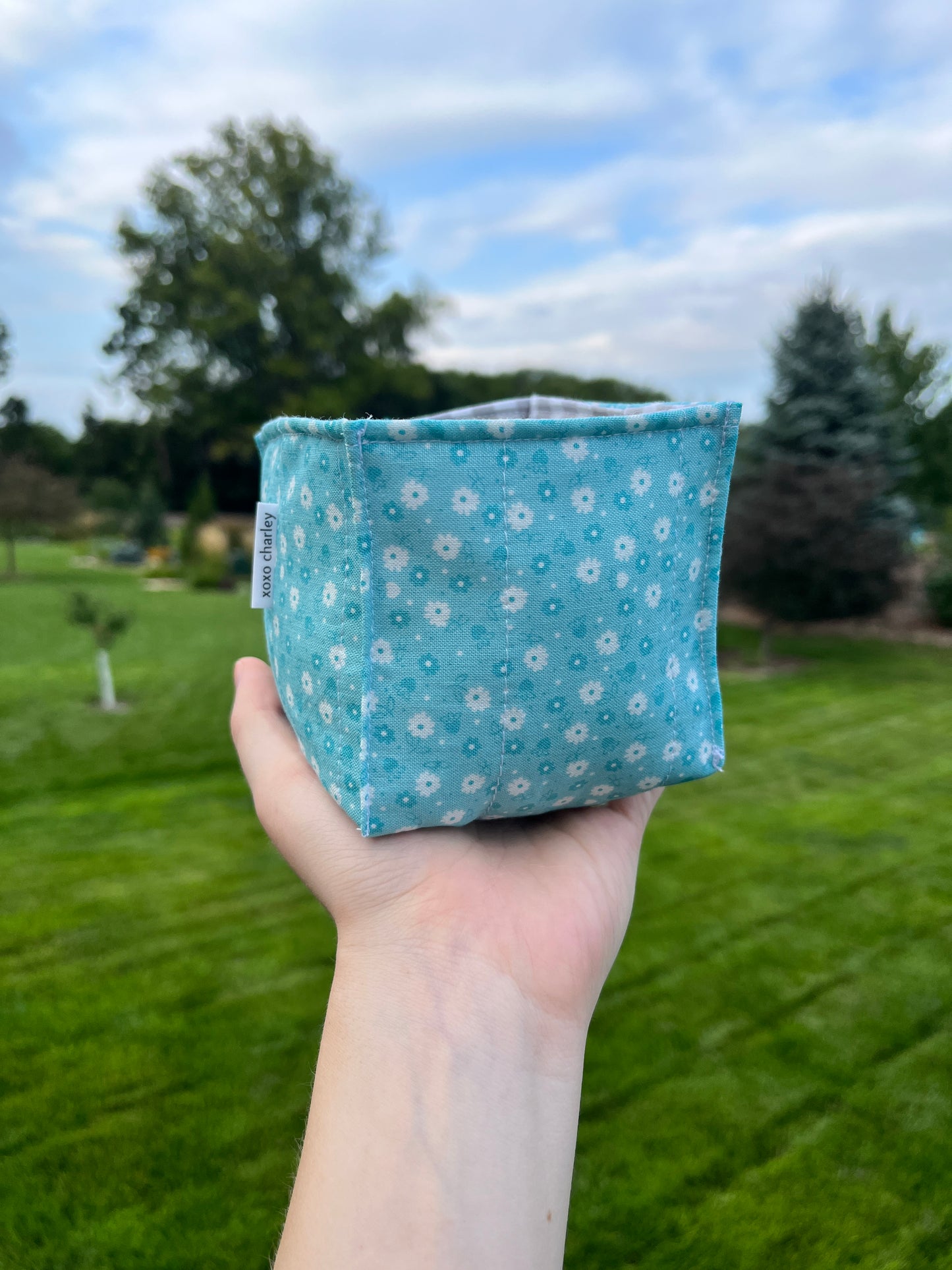 The Blue Floral with Gray Gingham Square Fabric Bowl Organizer *limited-edition*