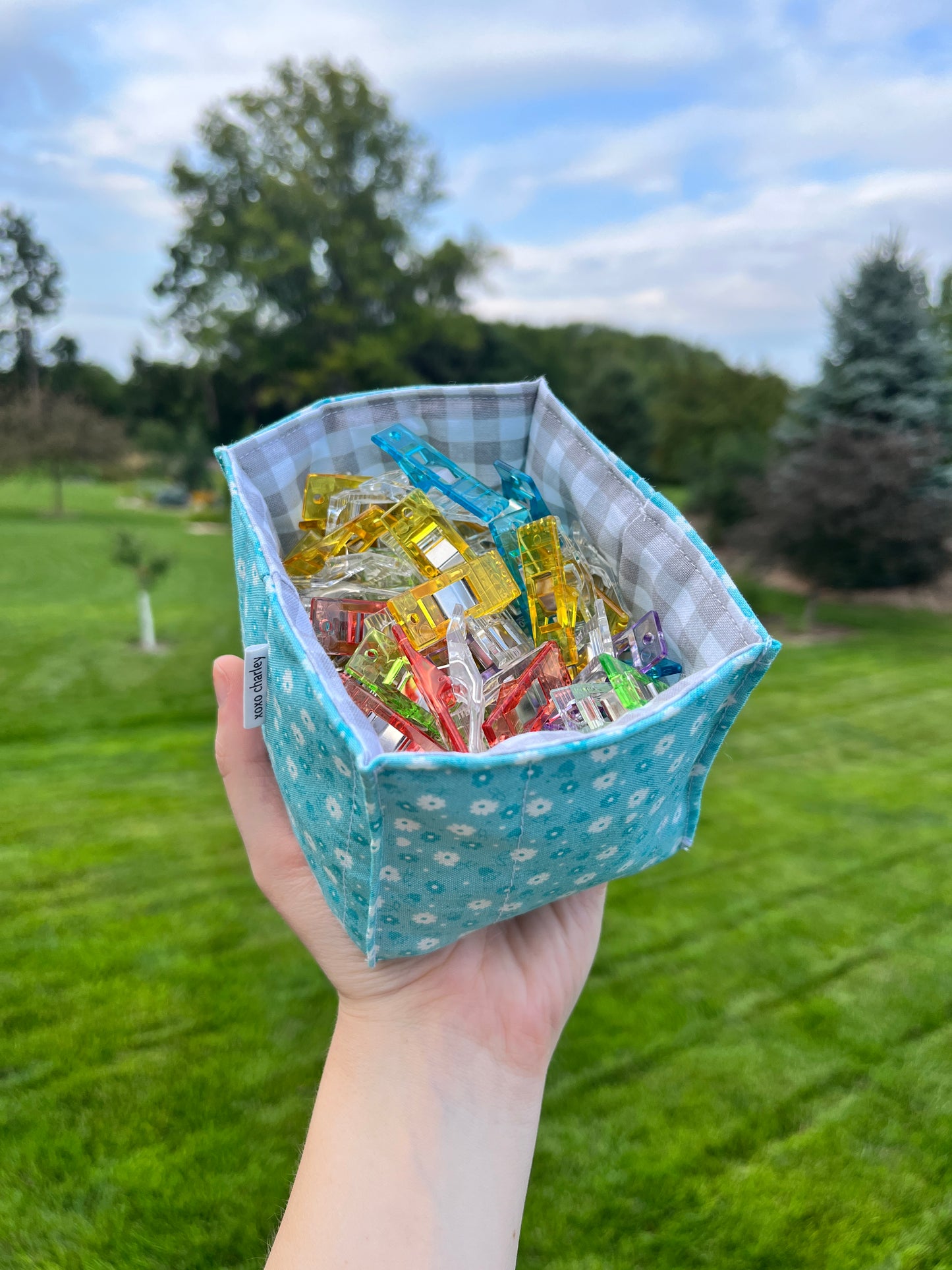 The Blue Floral with Gray Gingham Square Fabric Bowl Organizer *limited-edition*