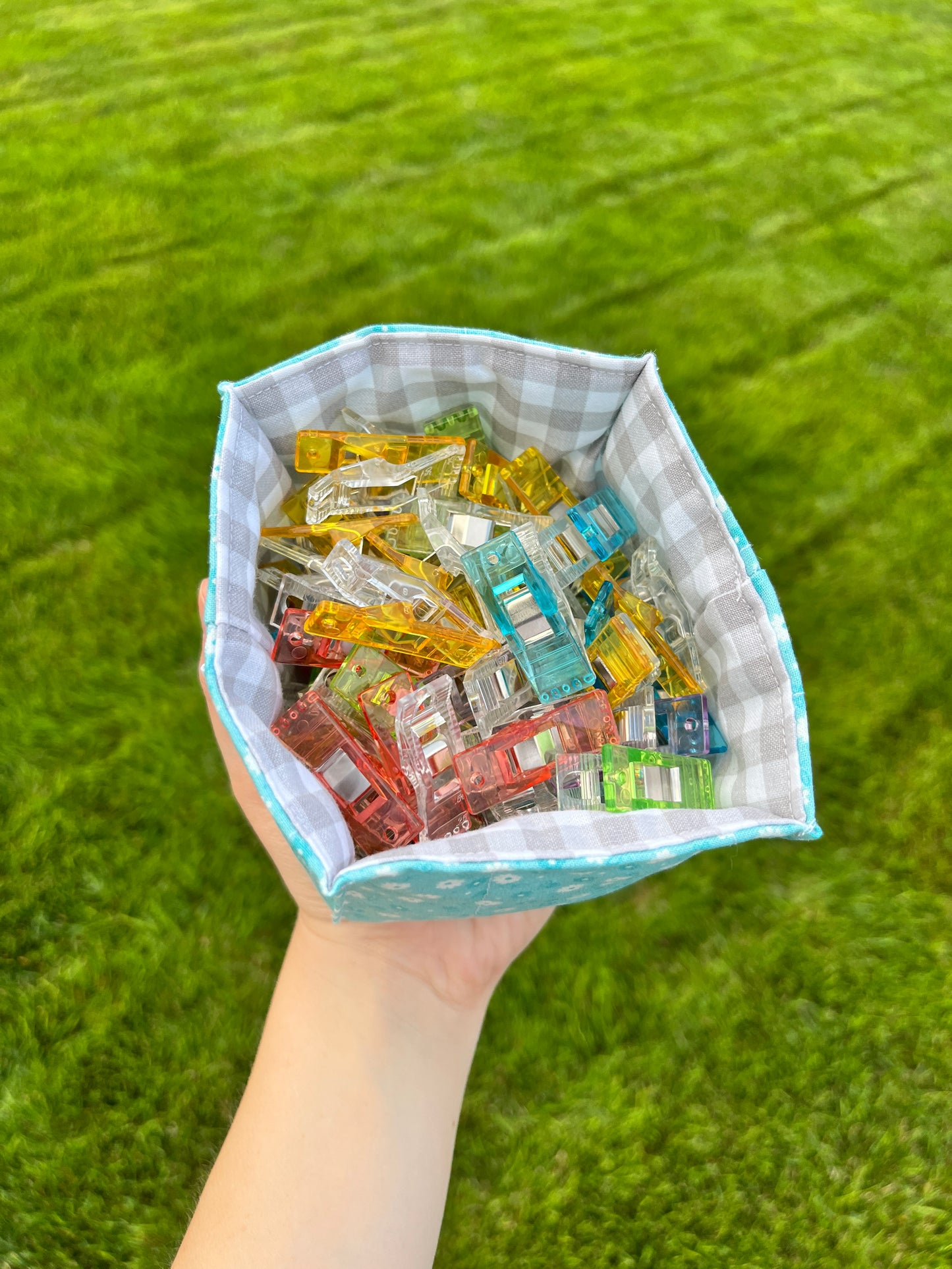The Blue Floral with Gray Gingham Square Fabric Bowl Organizer *limited-edition*