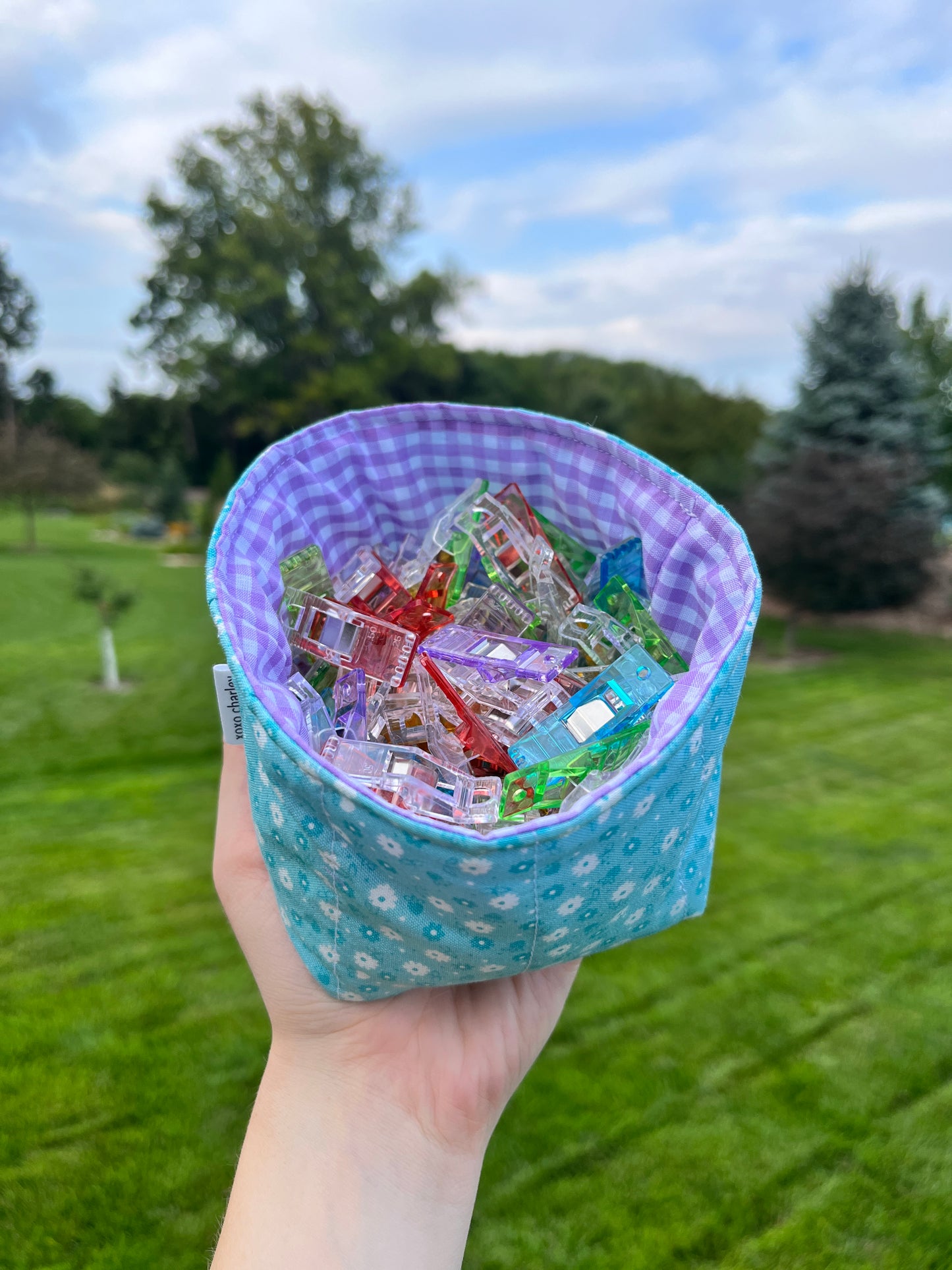 The Blue Floral with Purple Gingham Fabric Bowl Organizer *limited-edition*