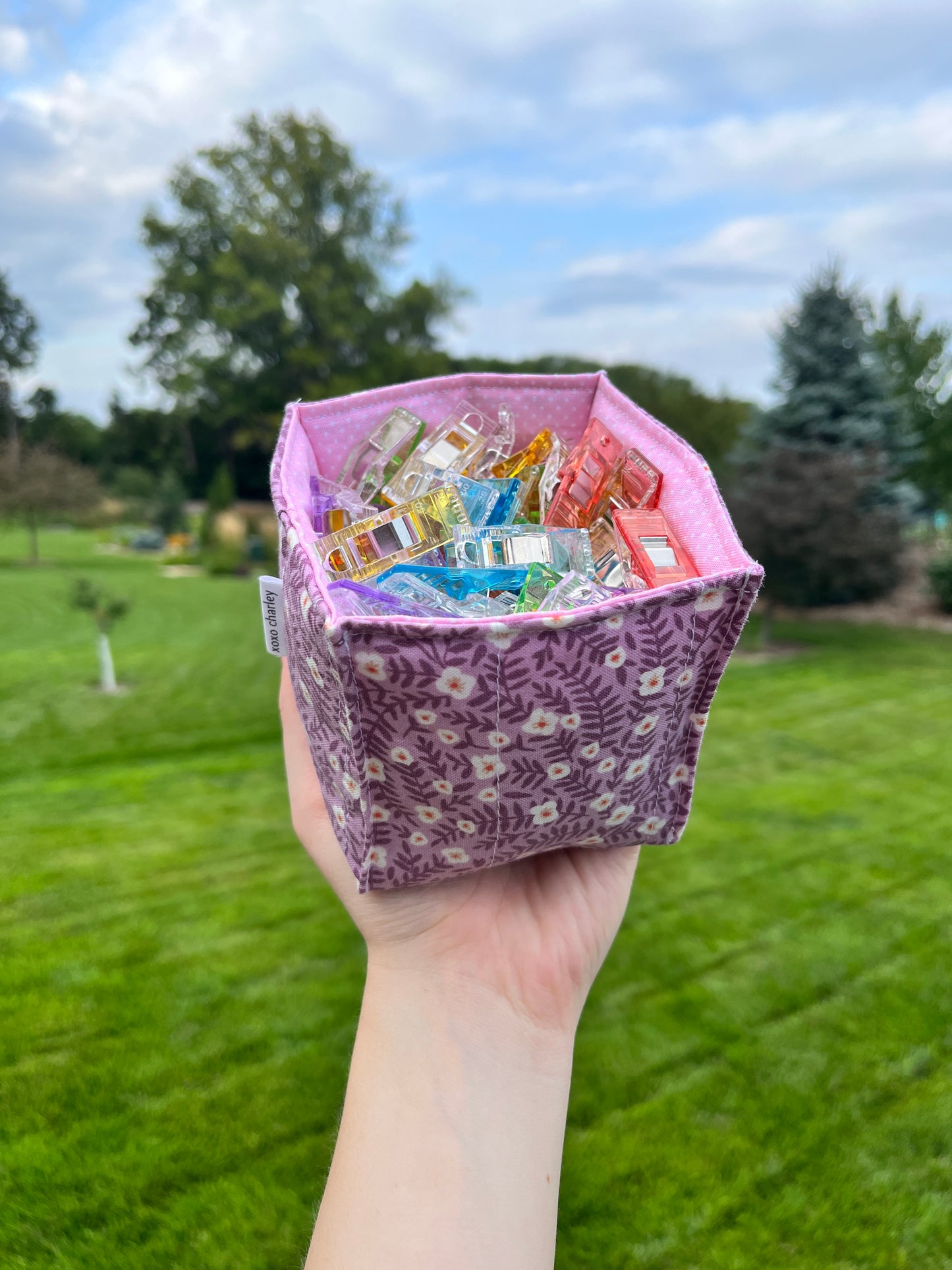 The Purple Floral with Pink Polka Dot Square Fabric Bowl Organizer *limited-edition*