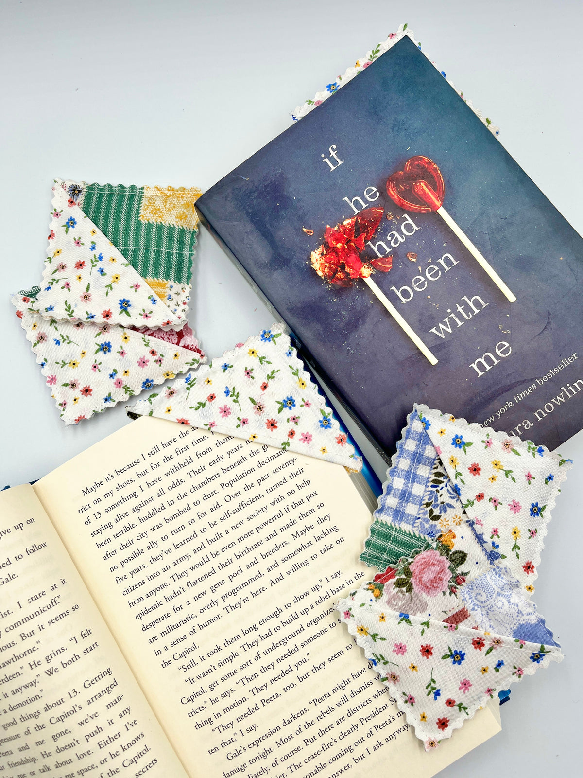Floral patchwork fabric corner bookmarks with multicolor flowers on book pages