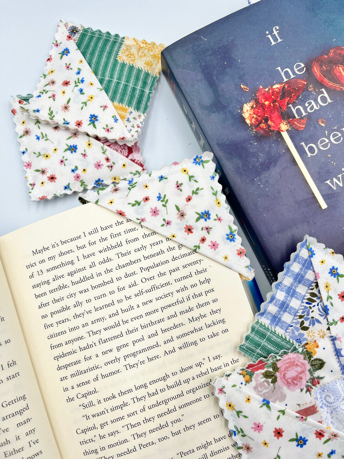 Patchwork corner bookmarks with floral print, green stripes, and blue gingham accents