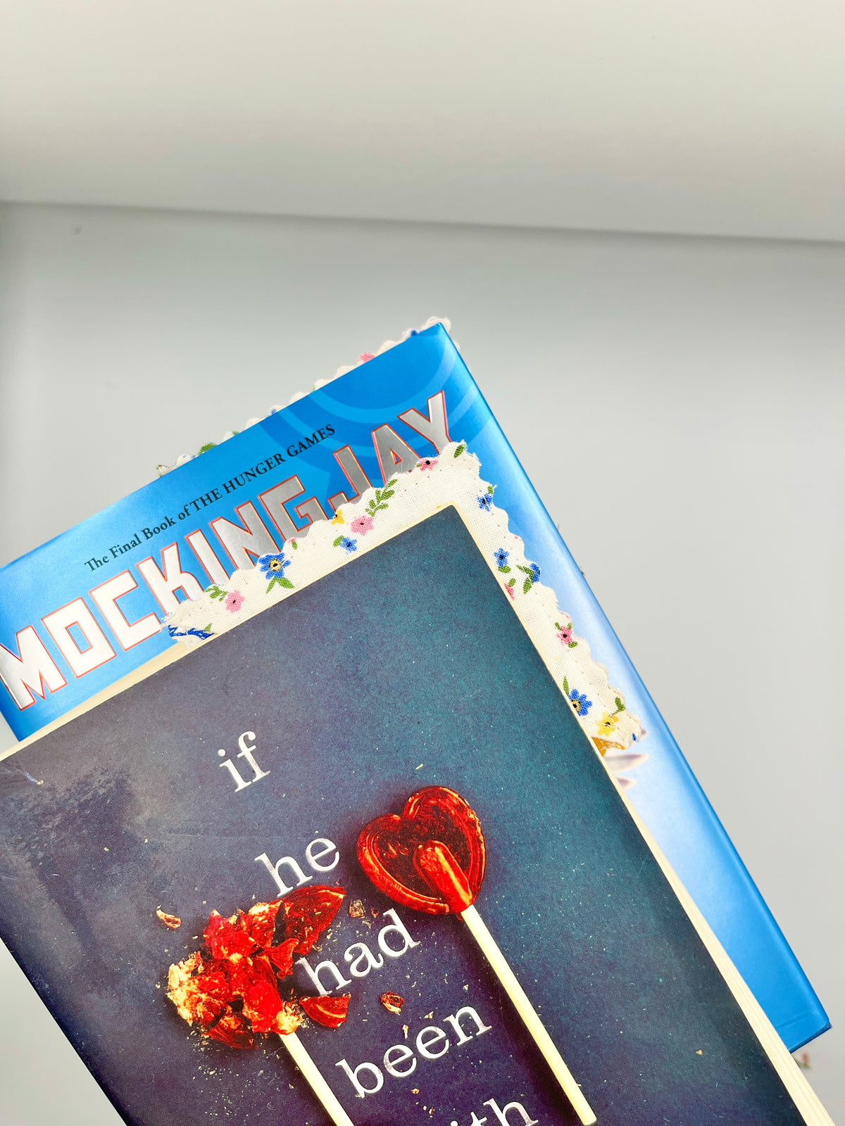 Blue boxed book set with floral patchwork fabric corner bookmark on cover