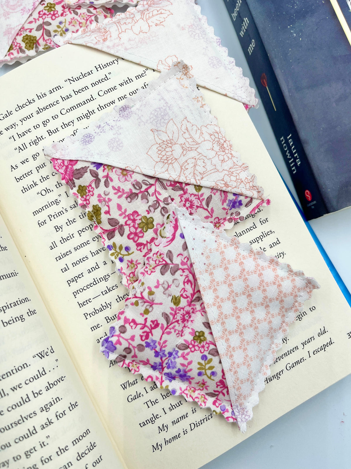 Pink floral fabric corner bookmark, multiple fabric triangles with scalloped edges