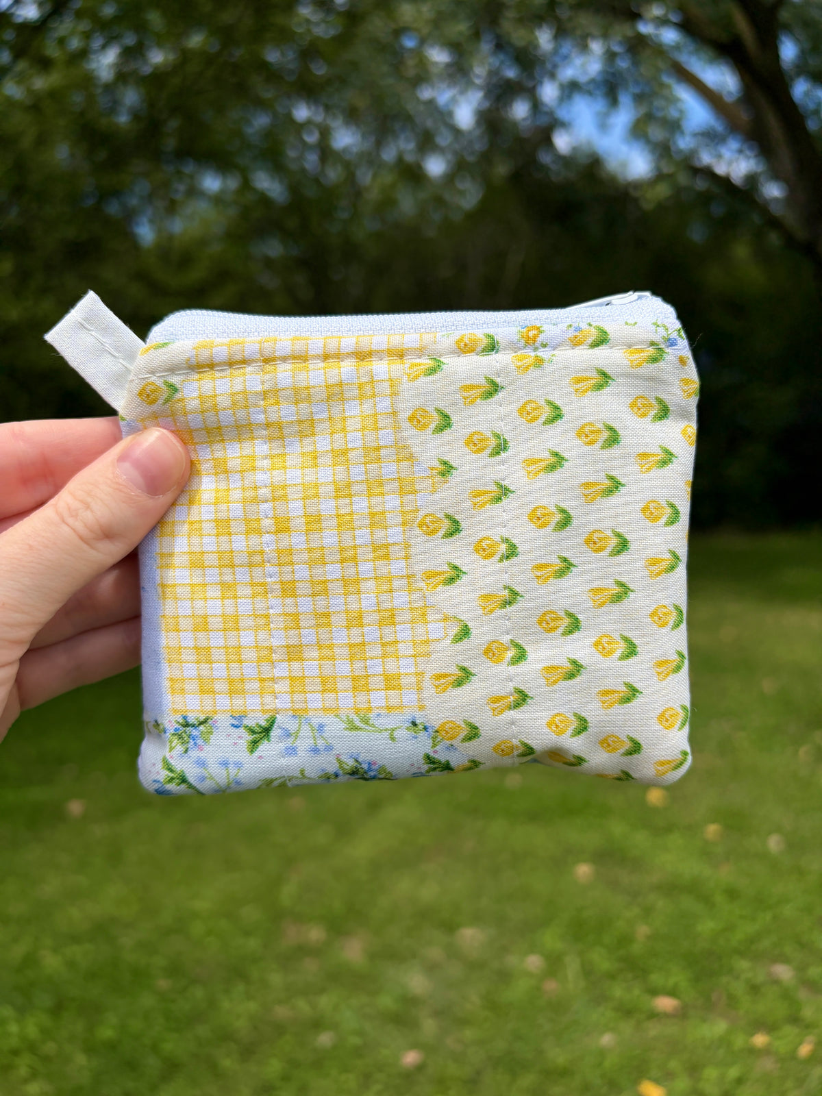 Patchwork keychain wallet, yellow check and green floral side, zippered pouch