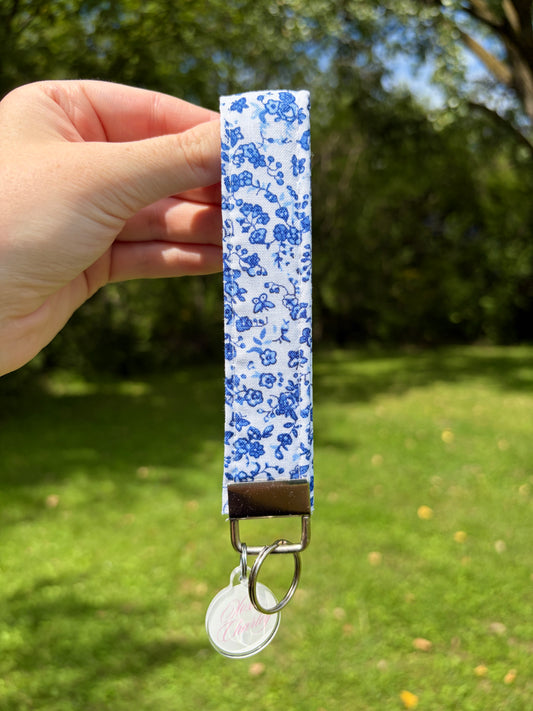 Royal Blue Floral Premium Keychain Wristlet
