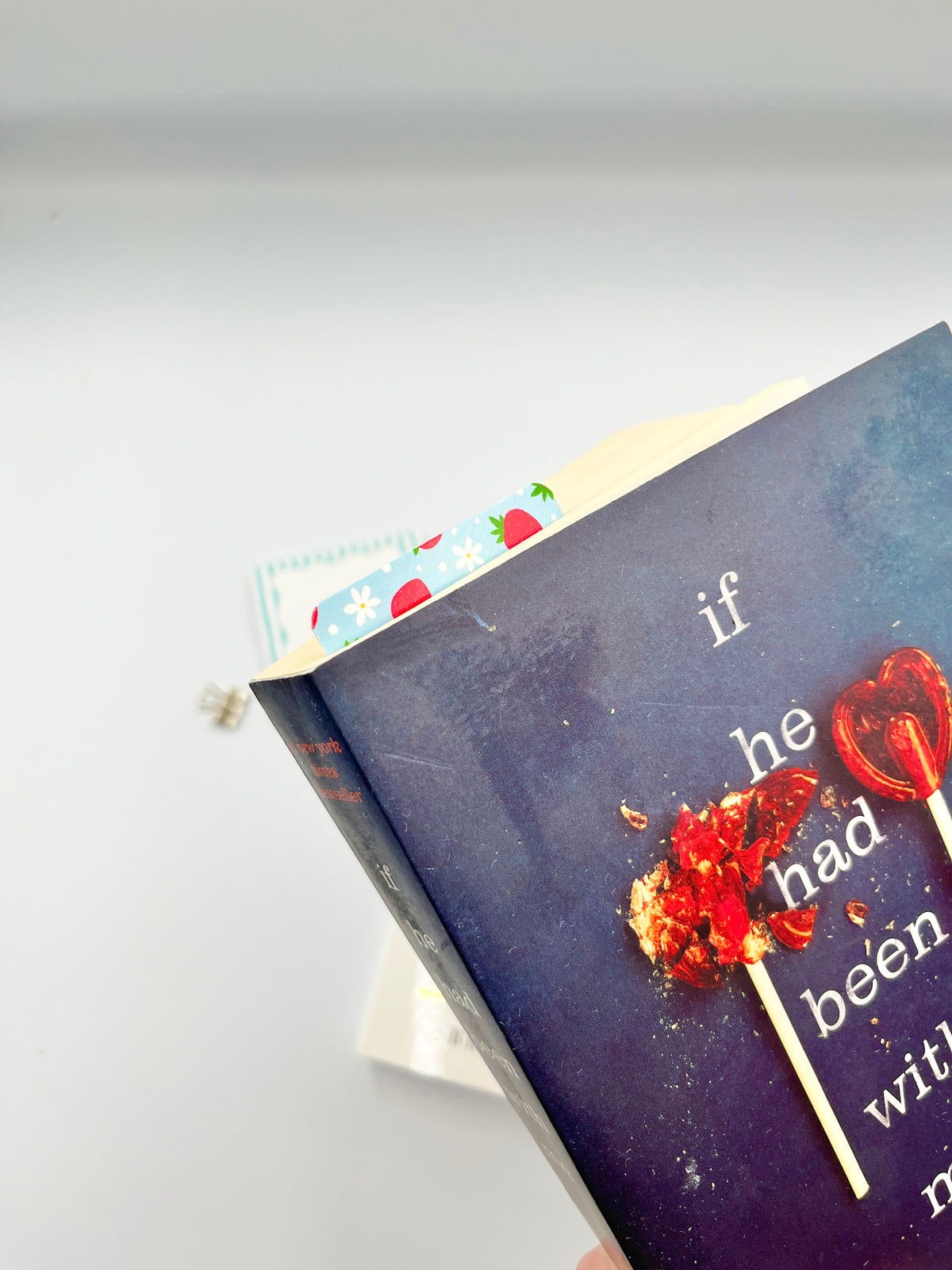 Navy galaxy-style bookmark with glitter heart and text, wooden stick