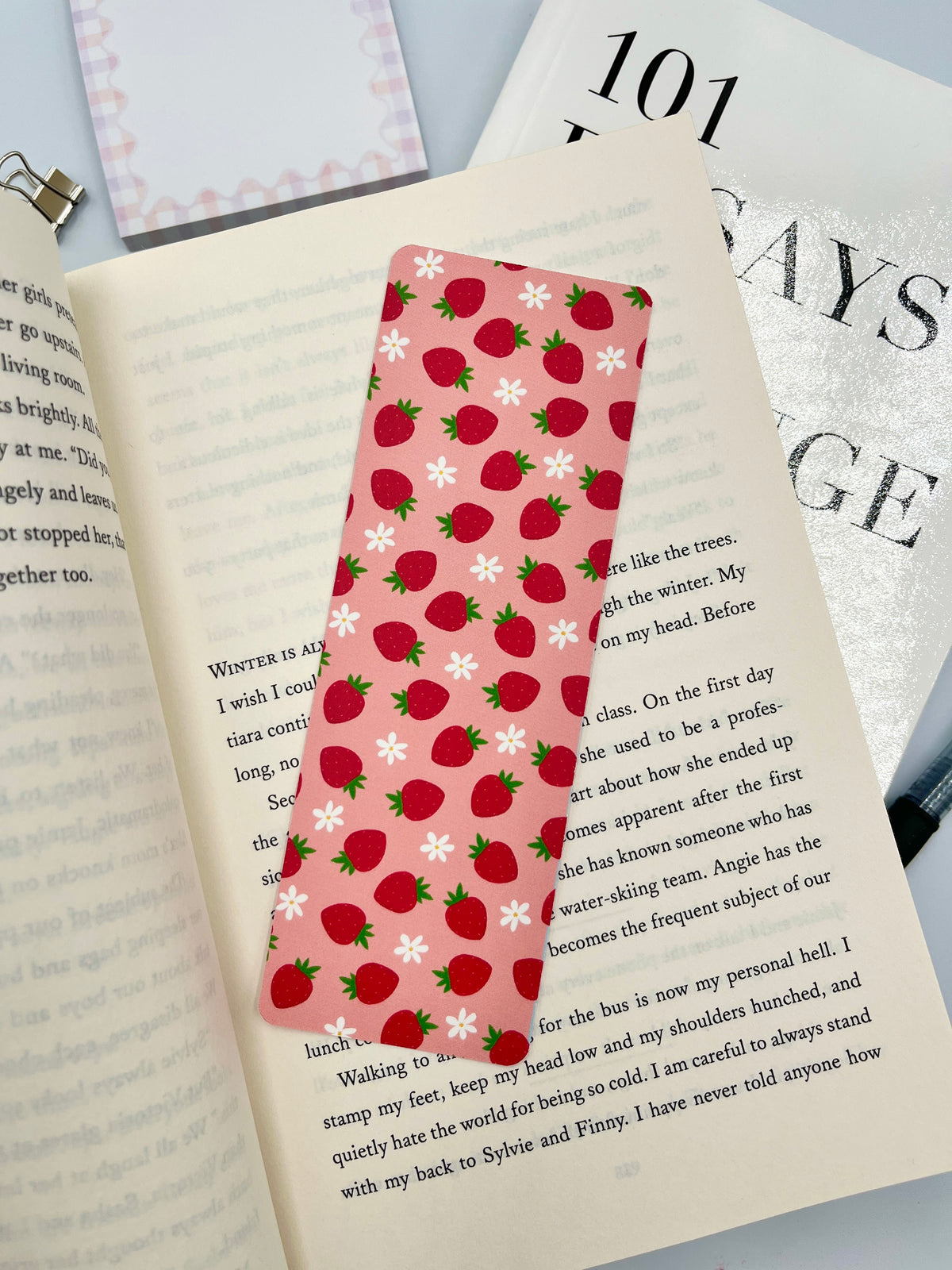 Strawberry print bookmark with pink background and red strawberries, rectangular