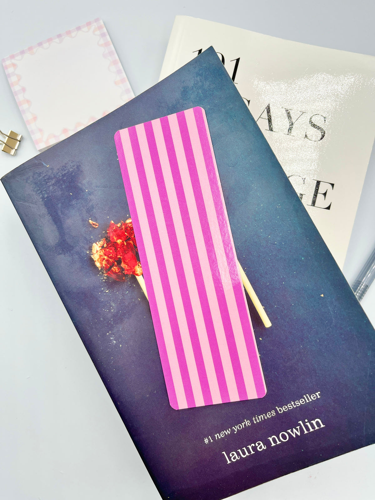 Purple striped bookmark with gold tassel, rectangular paper page marker