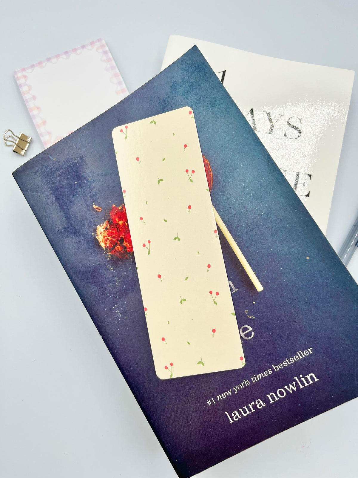 Rectangular mini cherry bookmark with white paper and small red, green, and yellow cherry dots