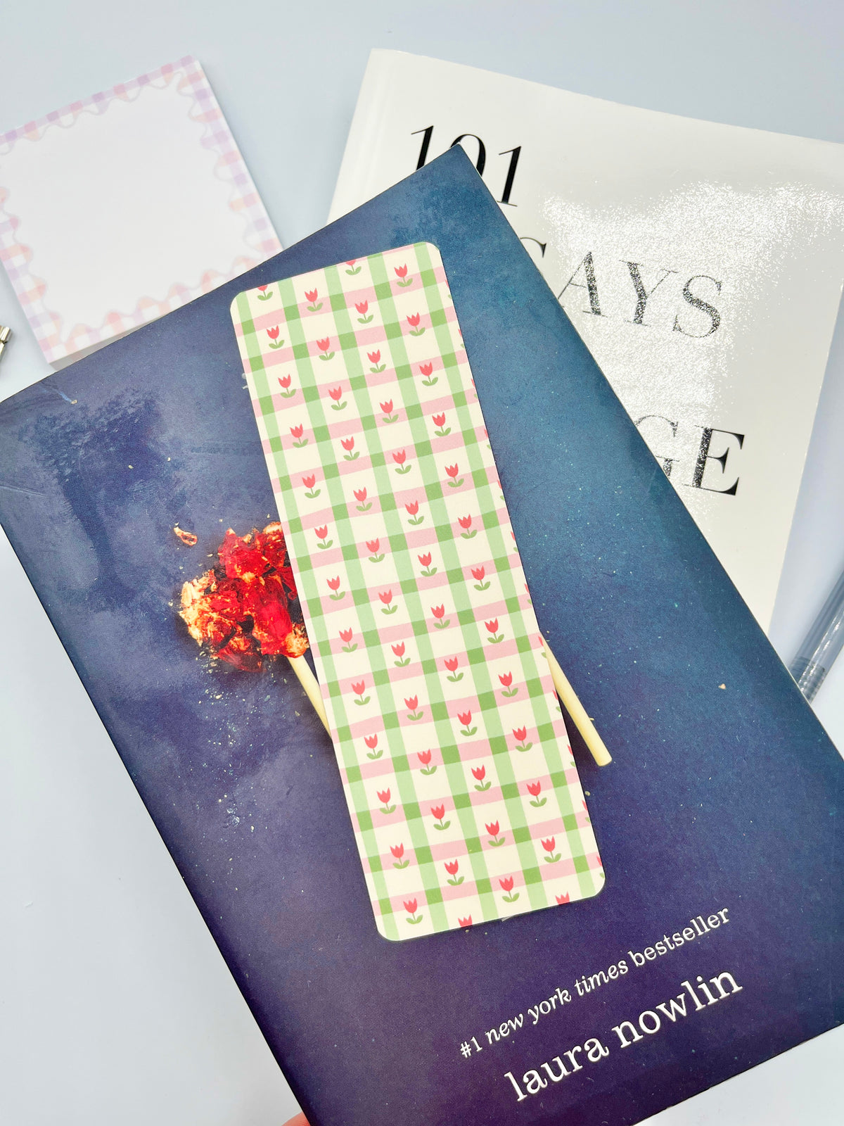 Gingham tulip bookmark with green, red, and cream floral block pattern