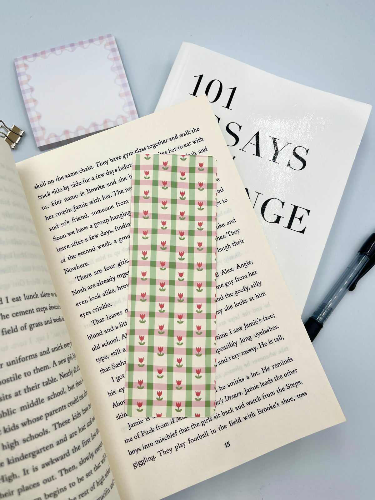Gingham tulip bookmark page marker with green and red tulip pattern