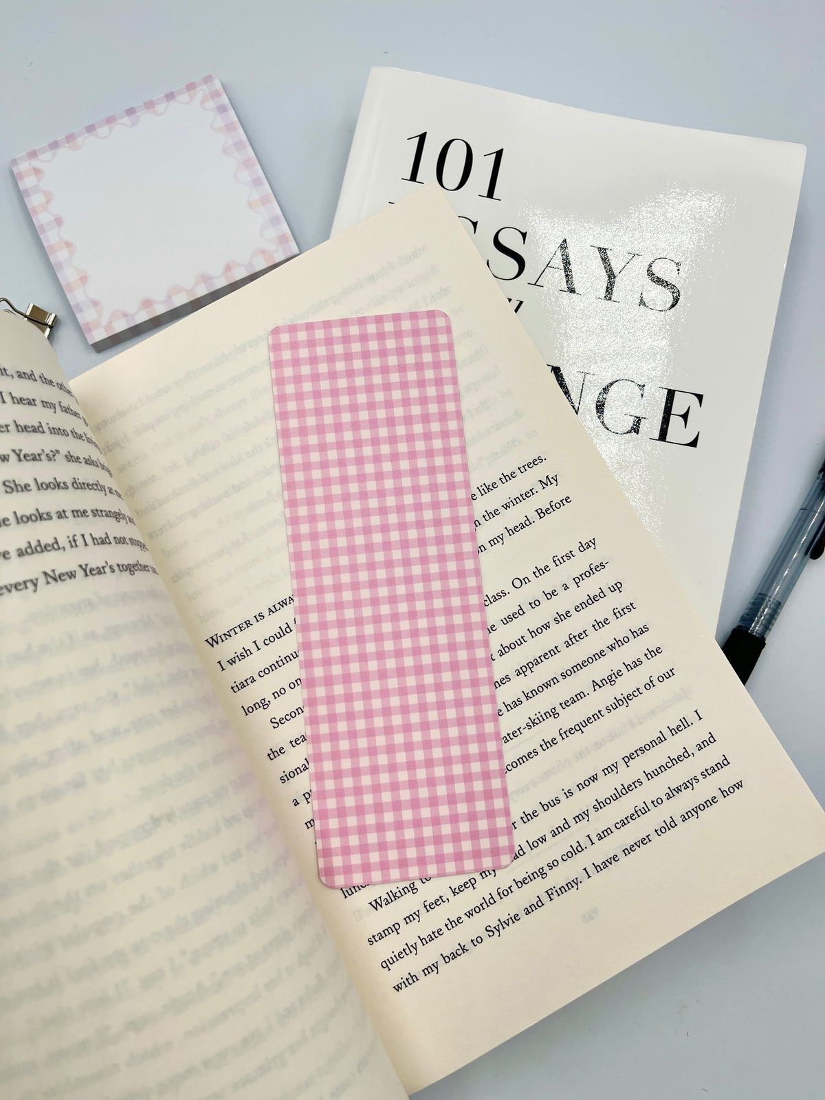 Pink gingham fabric bookmark rectangle with straight bottom edge