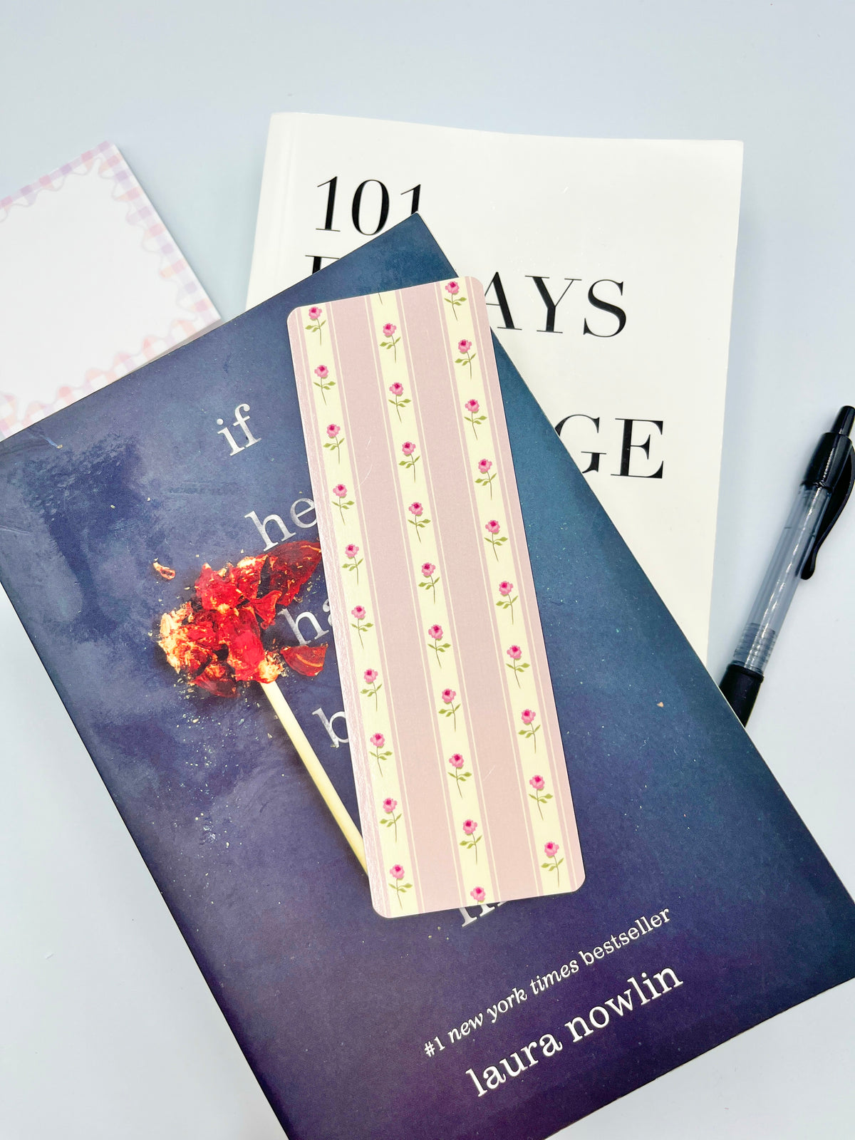 Striped tulip bookmark with cream base and pink tulip pattern, vertical design