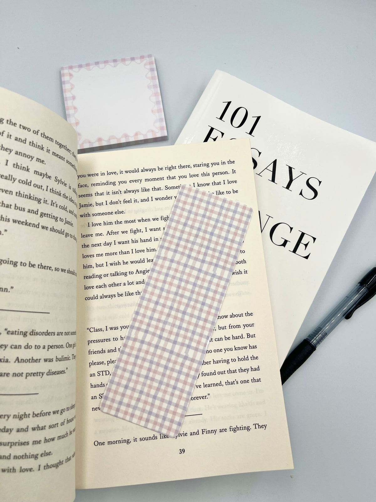 Pastel gingham fabric bookmark in light pink and blue check pattern