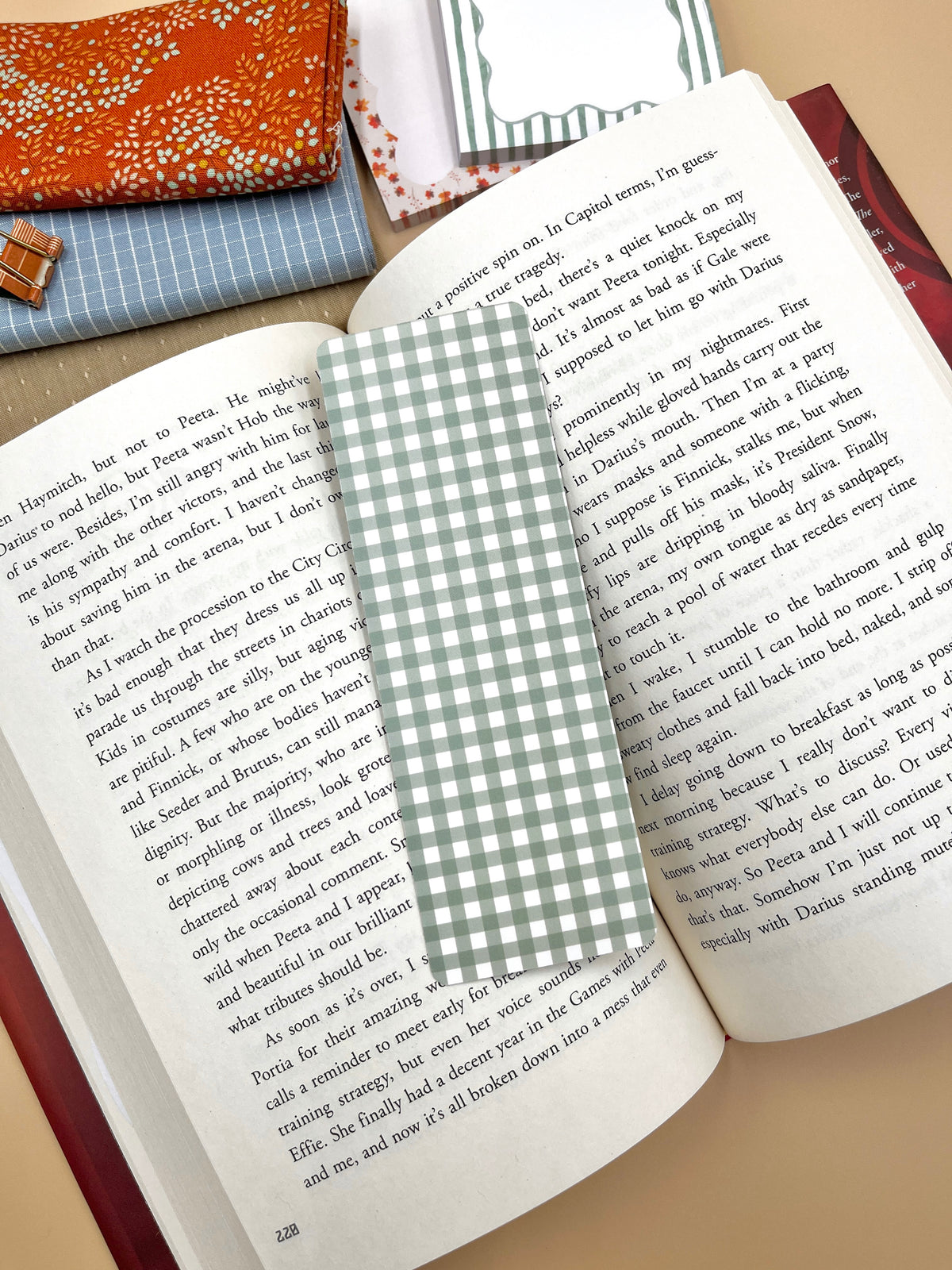 Green gingham bookmark with scalloped top and page insert