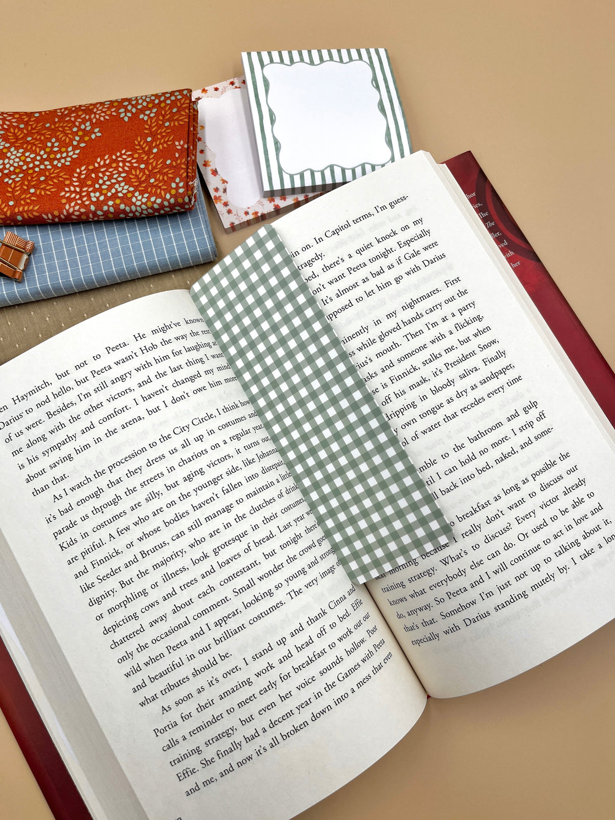 Green gingham bookmark with scalloped frame, inserted between open book pages