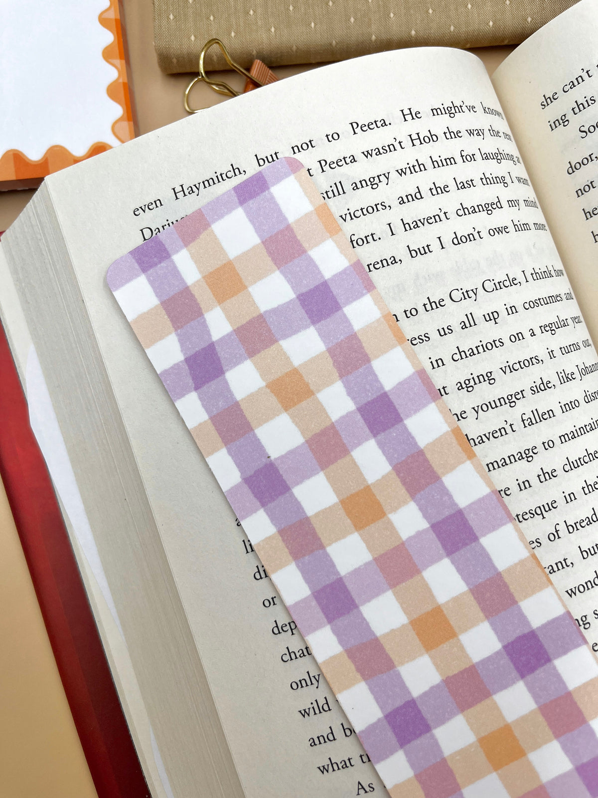 Fabric gingham bookmark with purple and pink checks, corner tab for pages