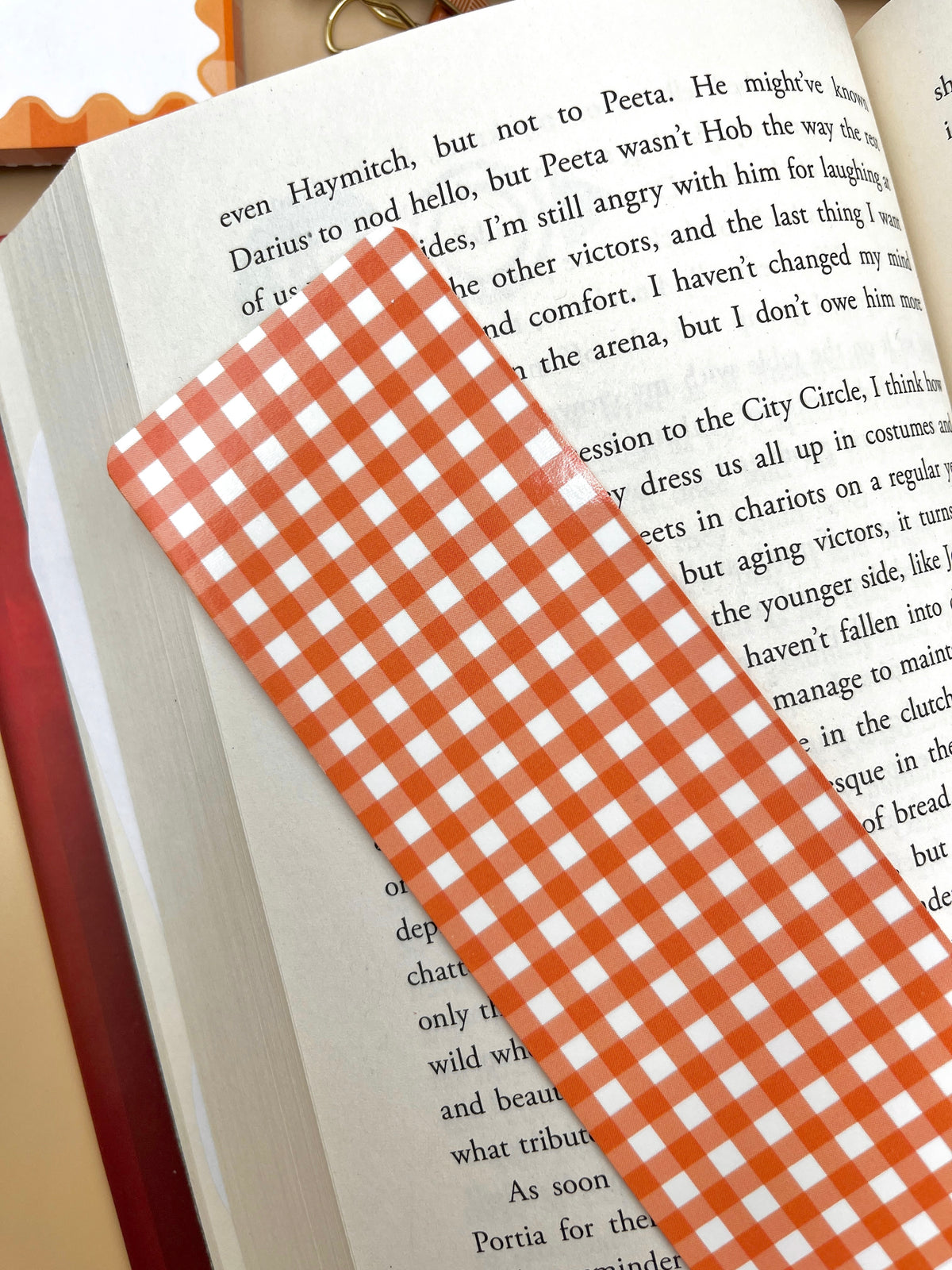 Burnt orange gingham bookmark lying diagonally on open book pages