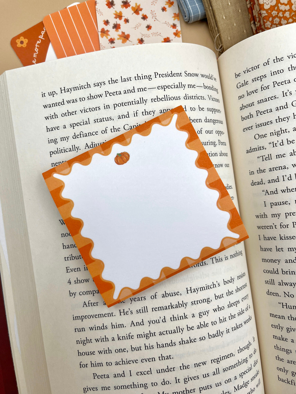 Sticky note set with orange striped and floral tabs plus blank pumpkin-shaped note