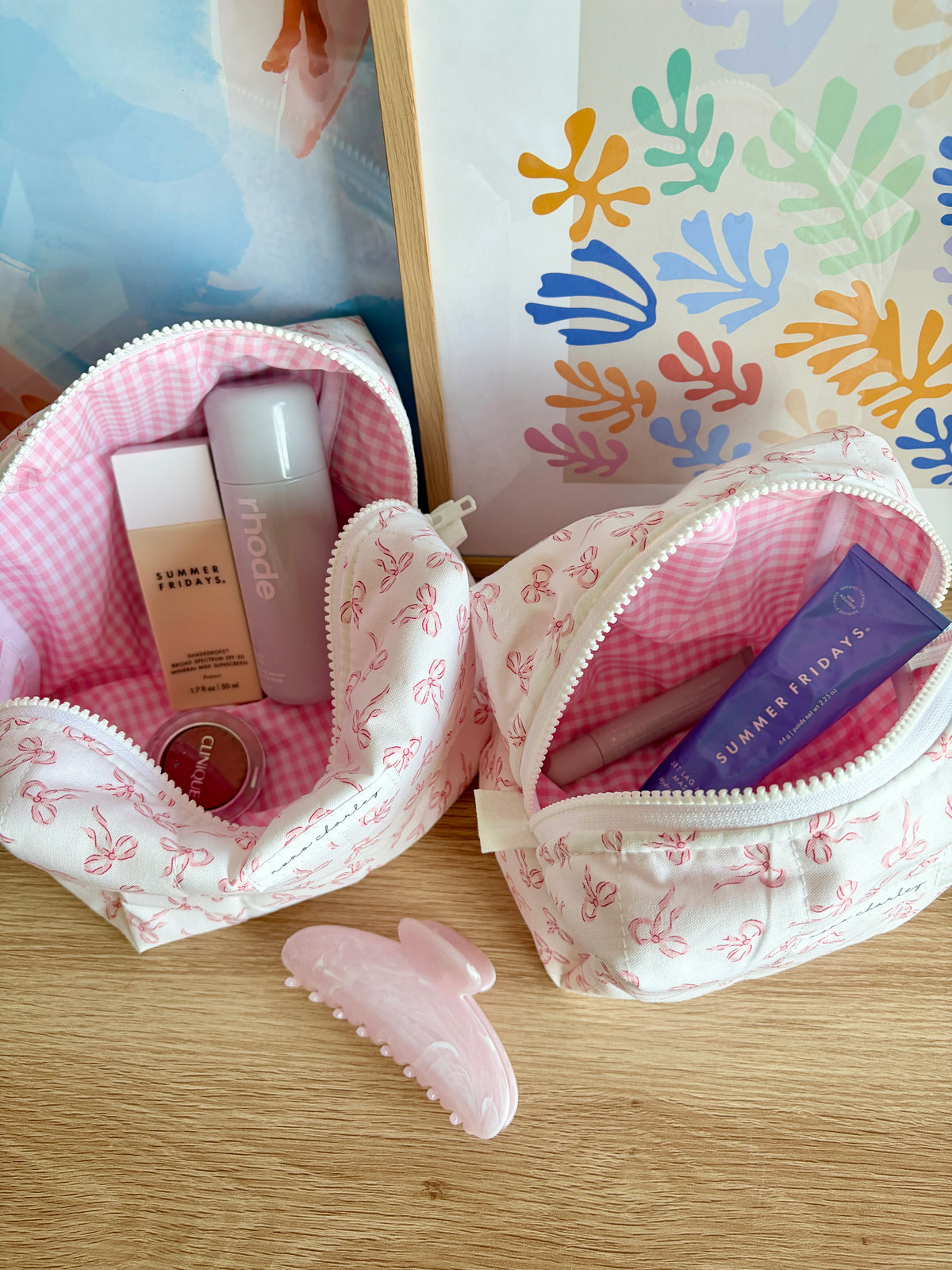 Mini Pink Bows Makeup Bag - Pink Gingham