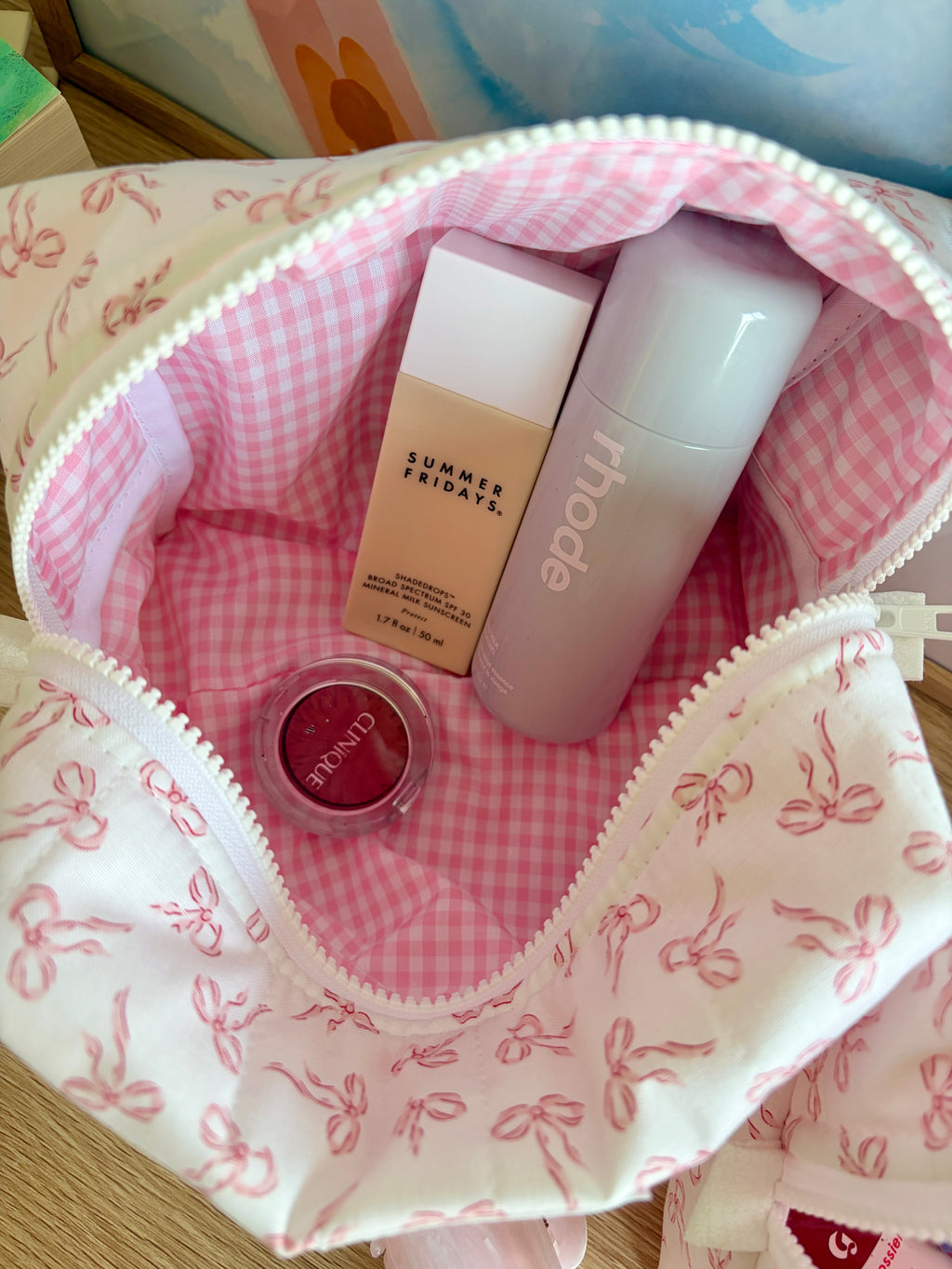 Mini Pink Bows Makeup Bag - Pink Gingham