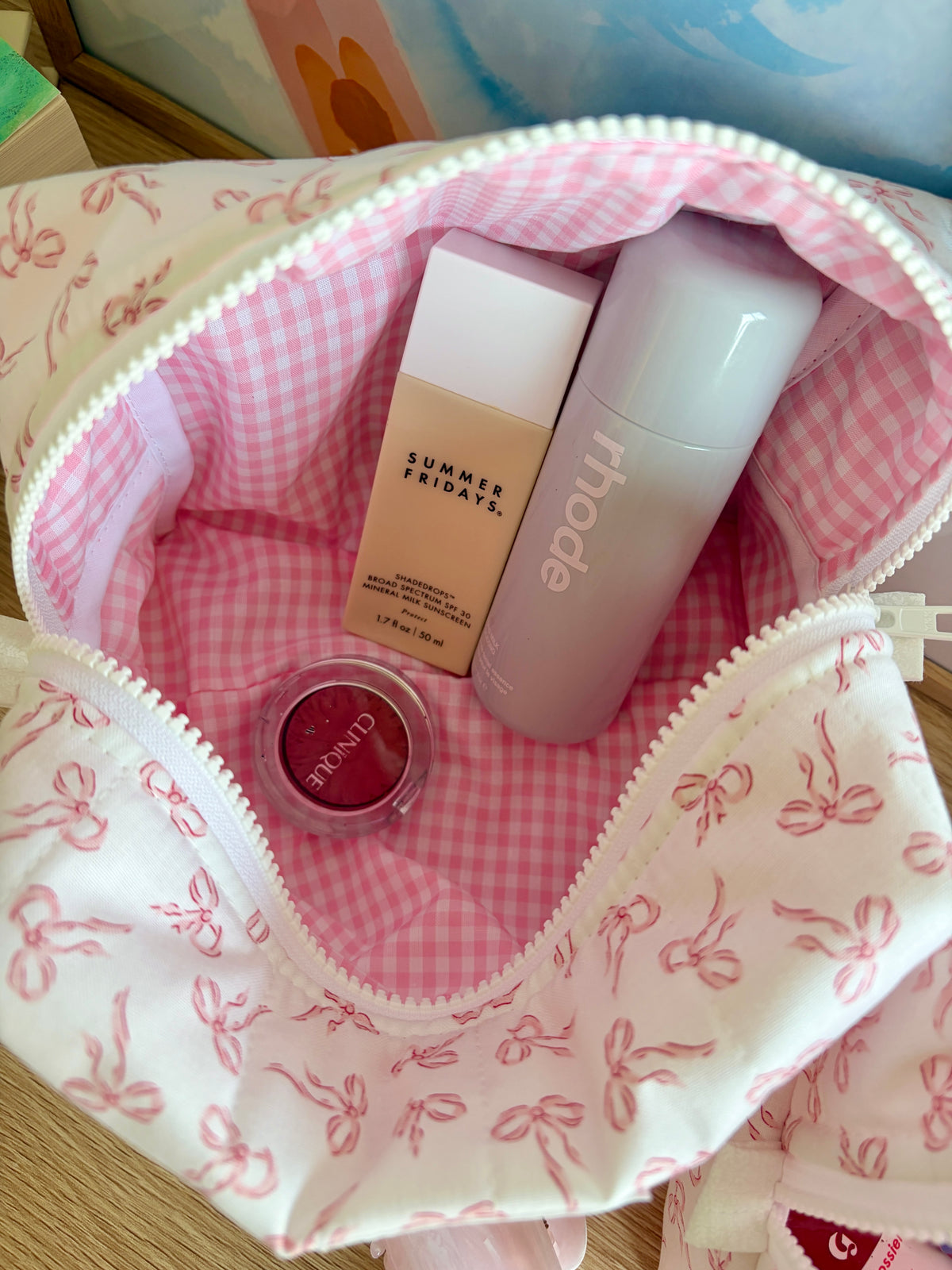 Mini Pink Bows Makeup Bag - Pink Gingham