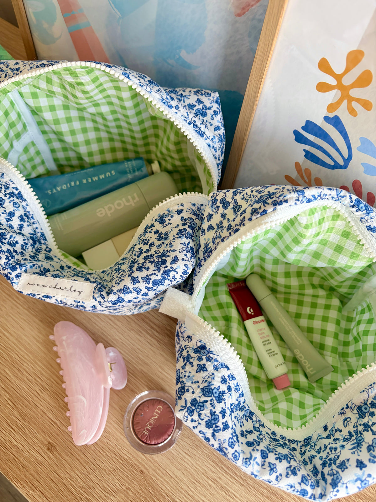 Royal Blue Floral Makeup Bag - Green Gingham