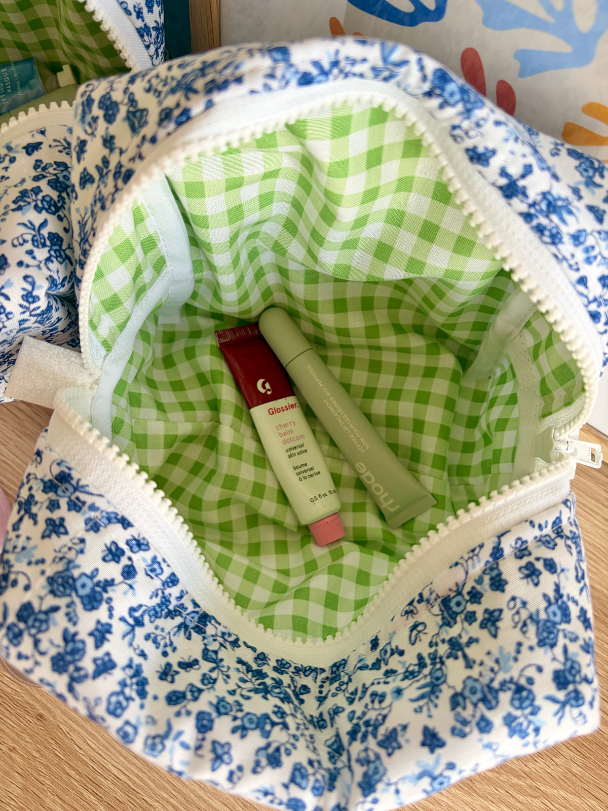 Royal Blue Floral Makeup Bag - Green Gingham