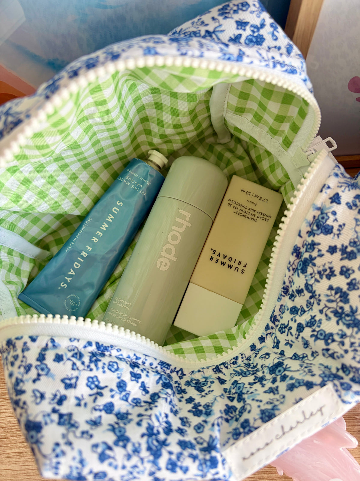 Royal Blue Floral Makeup Bag - Green Gingham