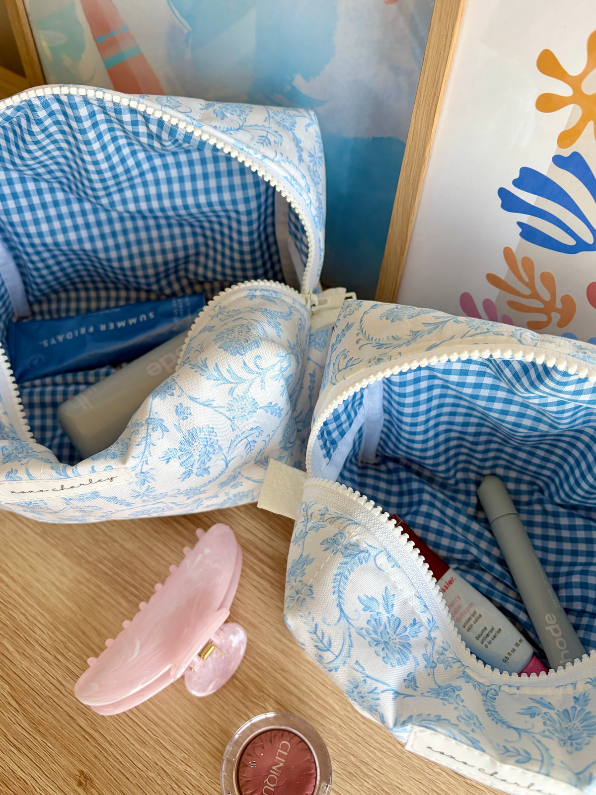 Vintage Blue Makeup Bag - Blue Gingham