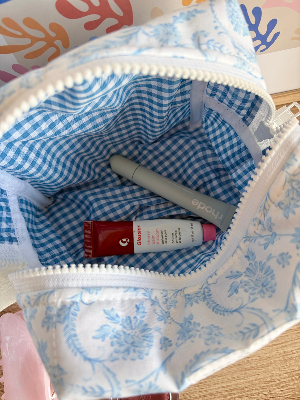 Vintage Blue Makeup Bag - Blue Gingham