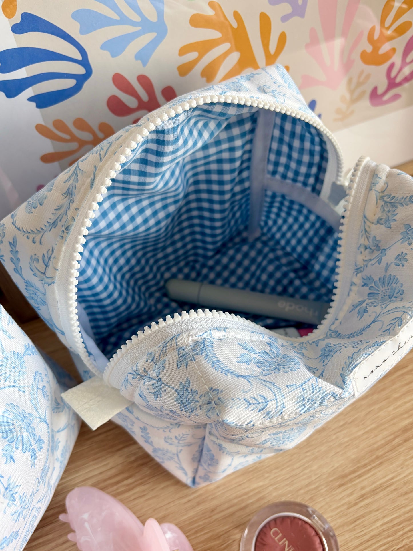 Vintage Blue Makeup Bag - Blue Gingham