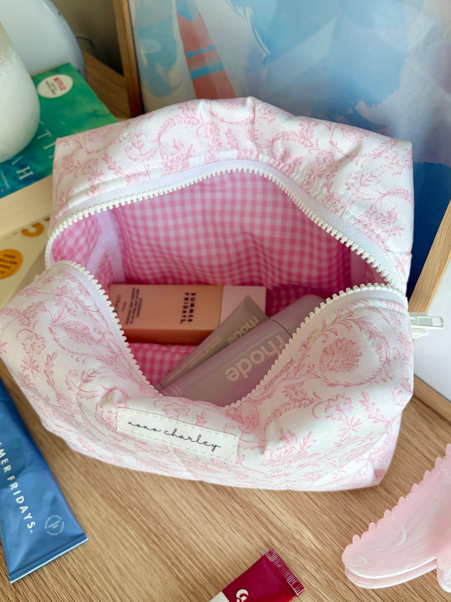 Vintage Pink Makeup Bag - Pink Gingham
