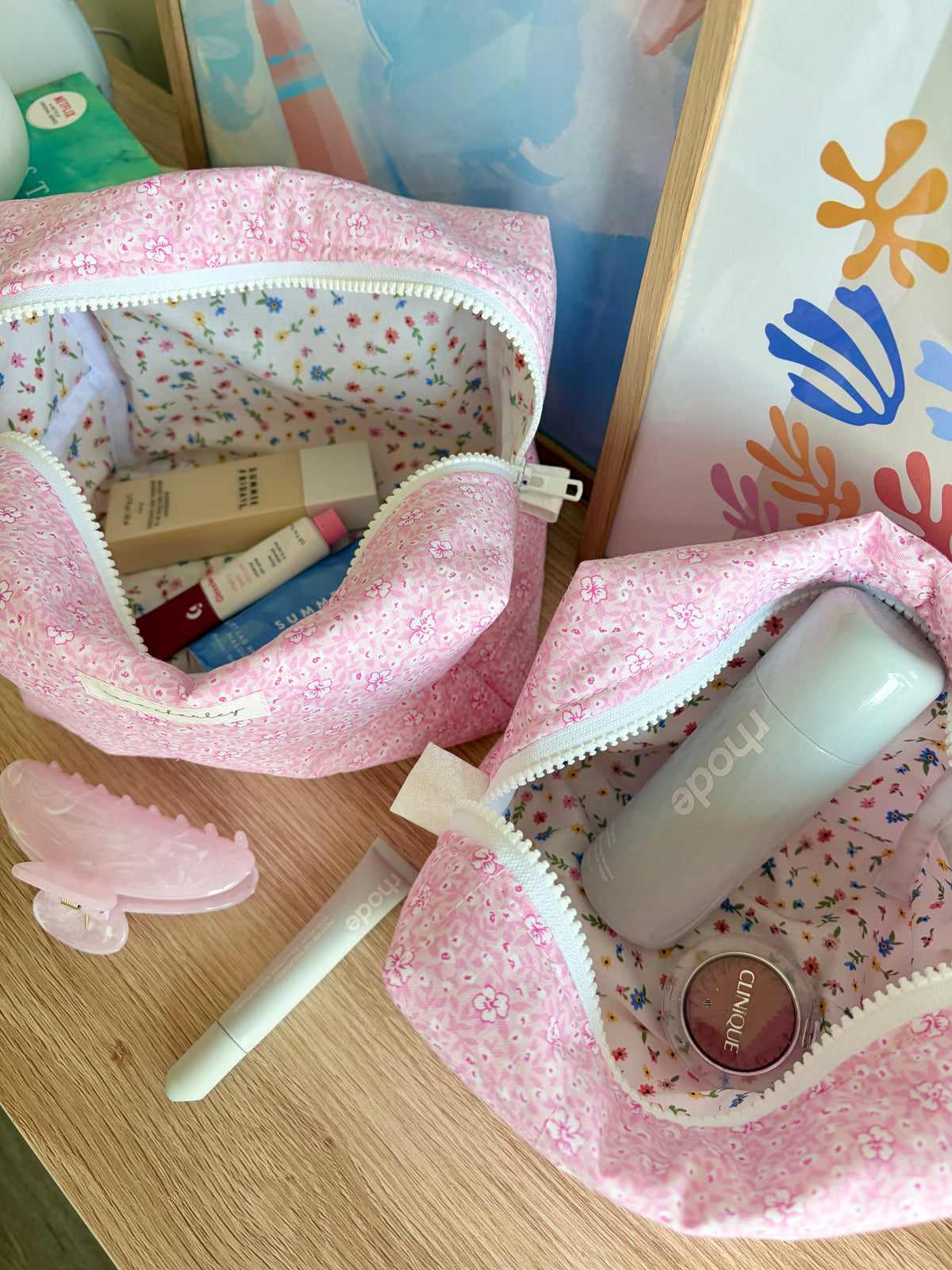 Pink Hawaiian Makeup Bag - Mini Colorful Flowers