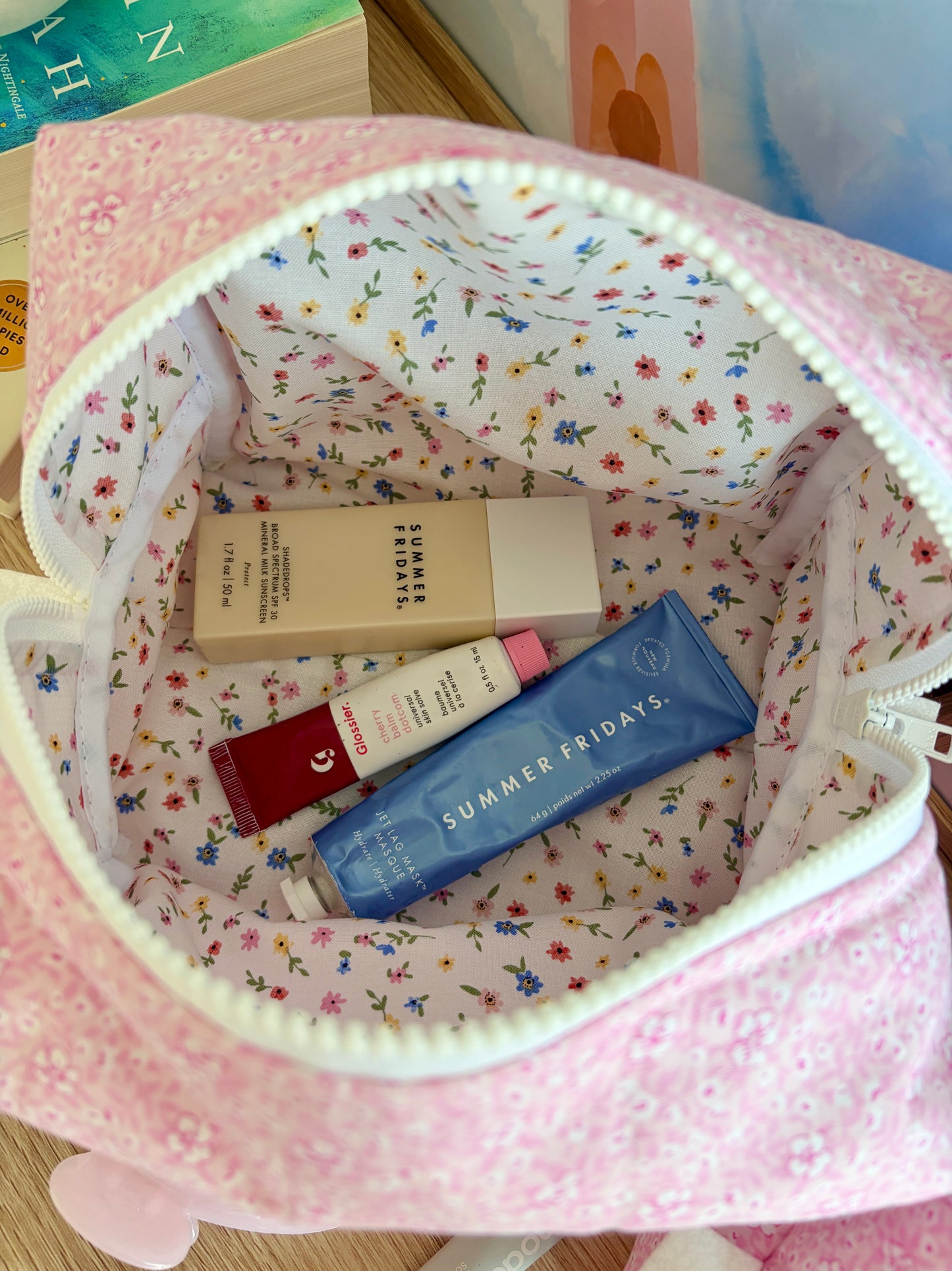 Pink Hawaiian Makeup Bag - Mini Colorful Flowers