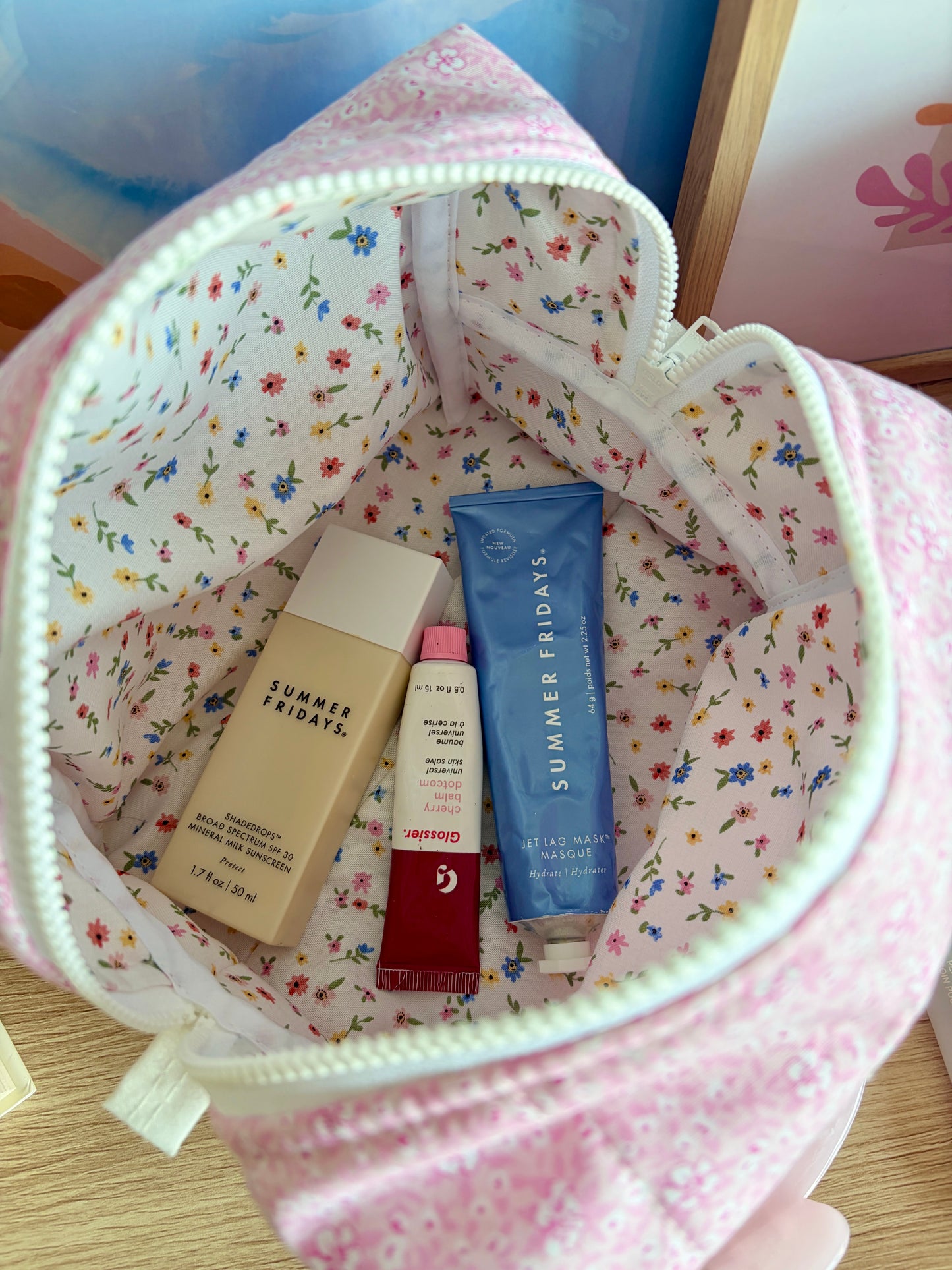 Pink Hawaiian Makeup Bag - Mini Colorful Flowers