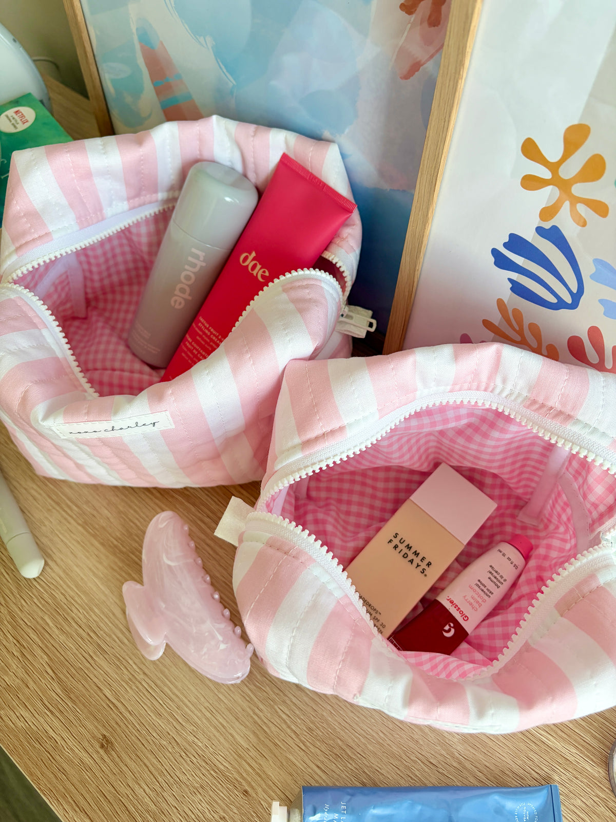 Pink & White Stripe Makeup Bag - Pink Gingham