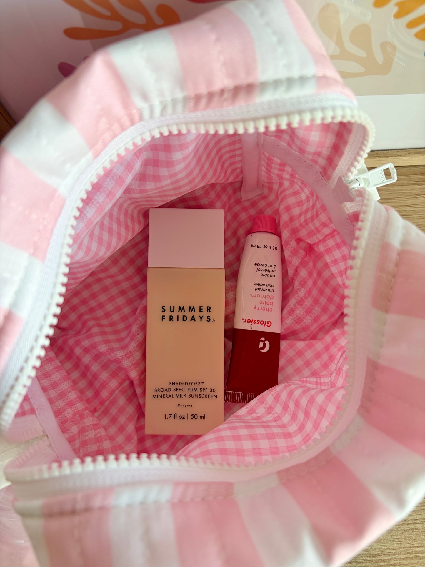 Pink & White Stripe Makeup Bag - Pink Gingham