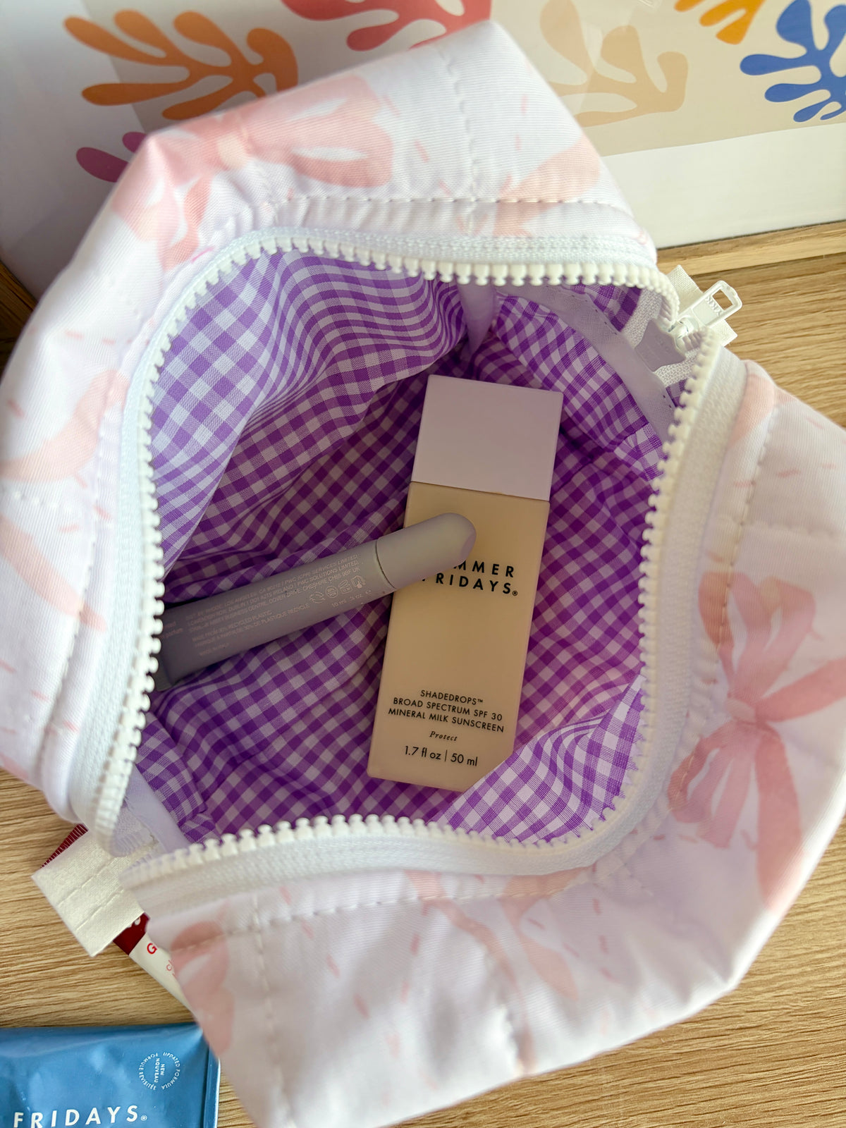 Large Pink Bow Makeup Bag - Purple Gingham