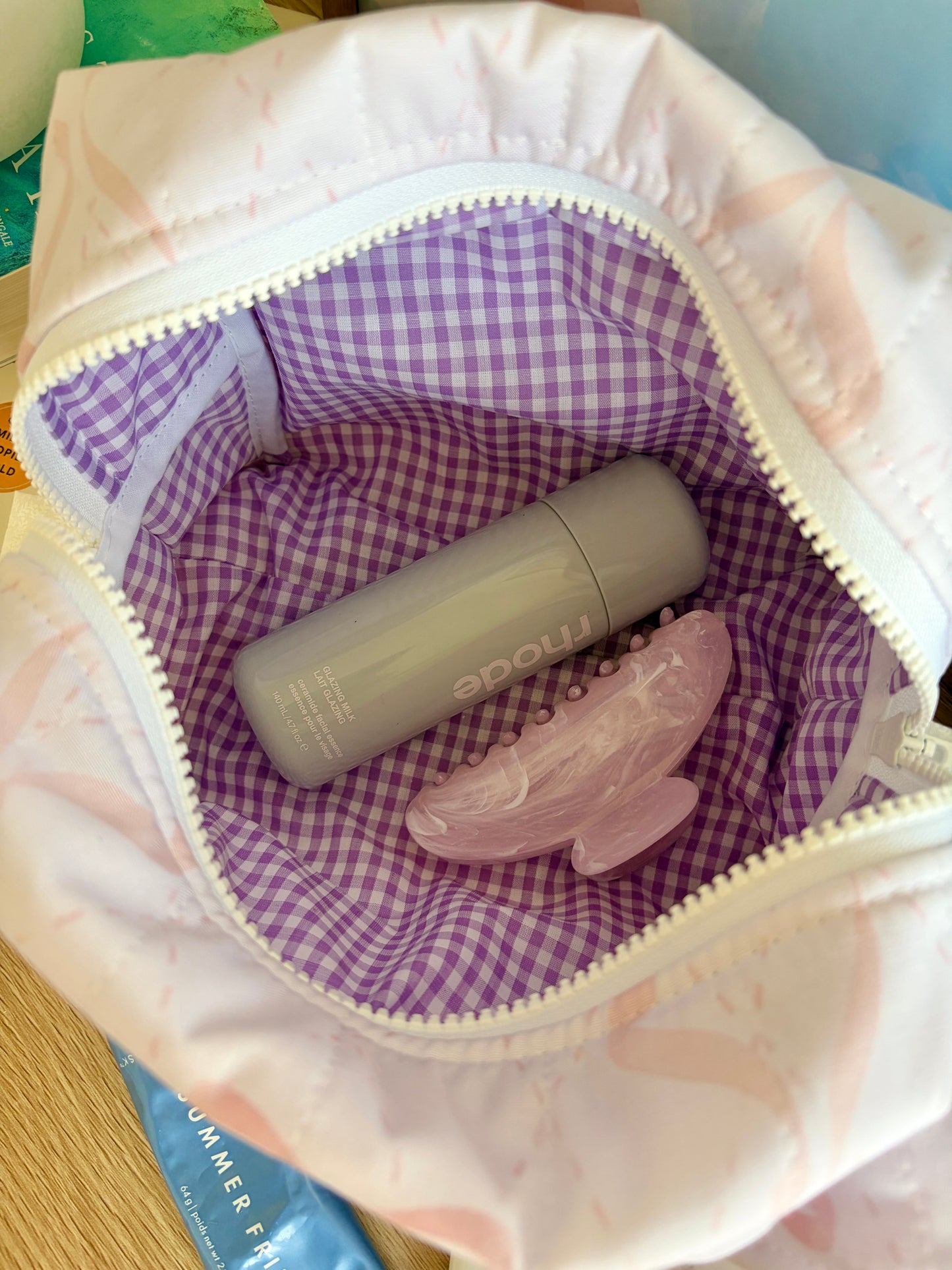 Large Pink Bow Makeup Bag - Purple Gingham