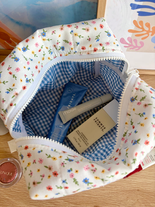 Mini Colorful Flowers Makeup Bag - Blue Gingham