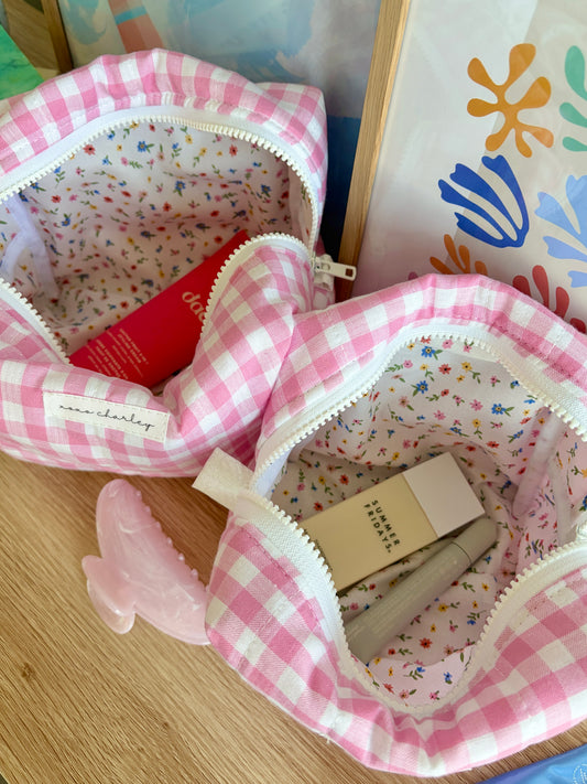 Pink Gingham Makeup Bag - Mini Colorful Flowers