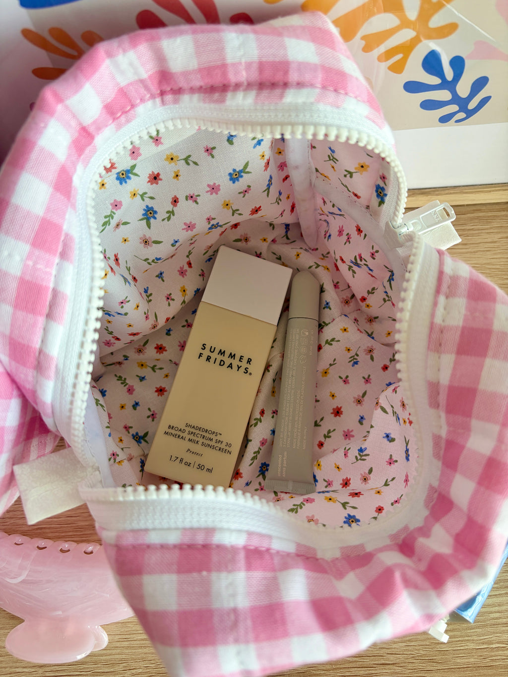 Pink Gingham Makeup Bag - Mini Colorful Flowers