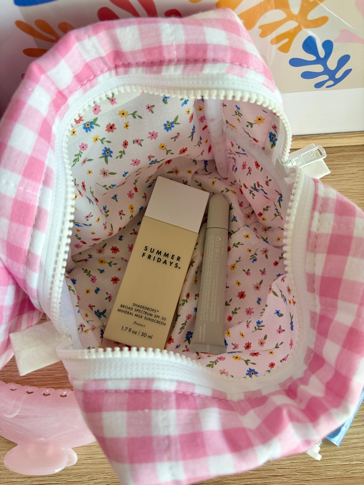 Pink Gingham Makeup Bag - Mini Colorful Flowers