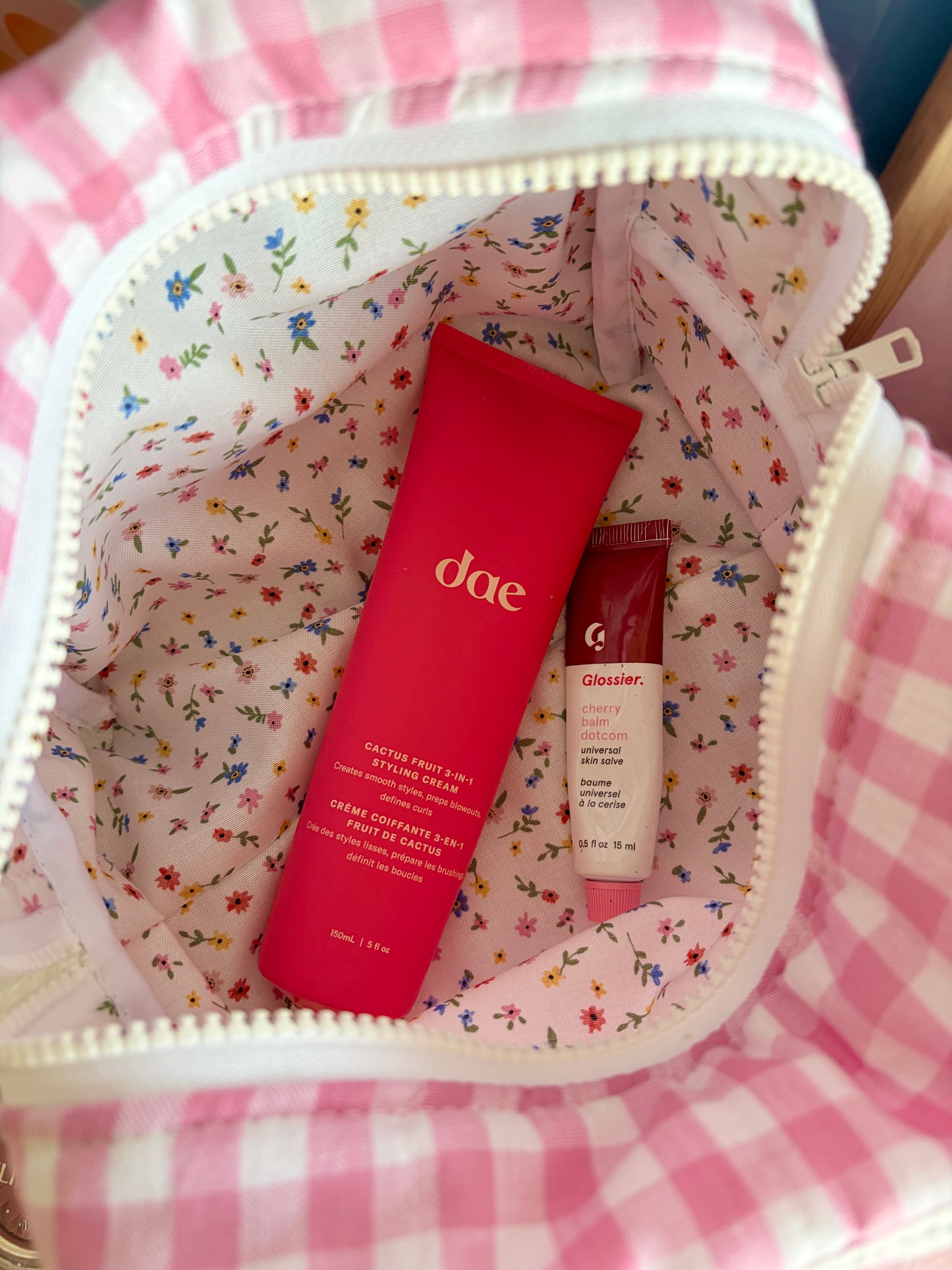 Pink Gingham Makeup Bag - Mini Colorful Flowers