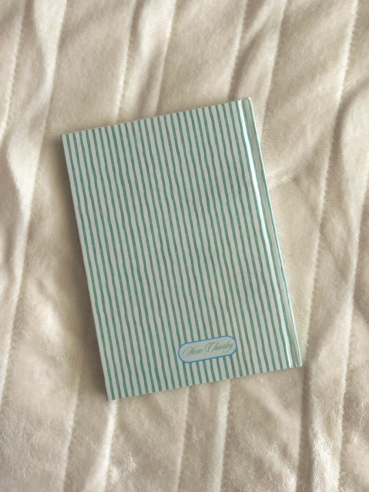 Green striped journal back cover with small oval logo label