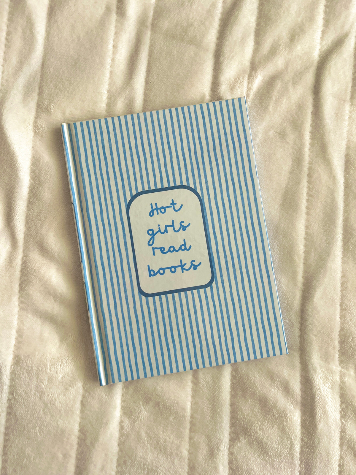 Blue striped journal with 'hot girls read books' cover label