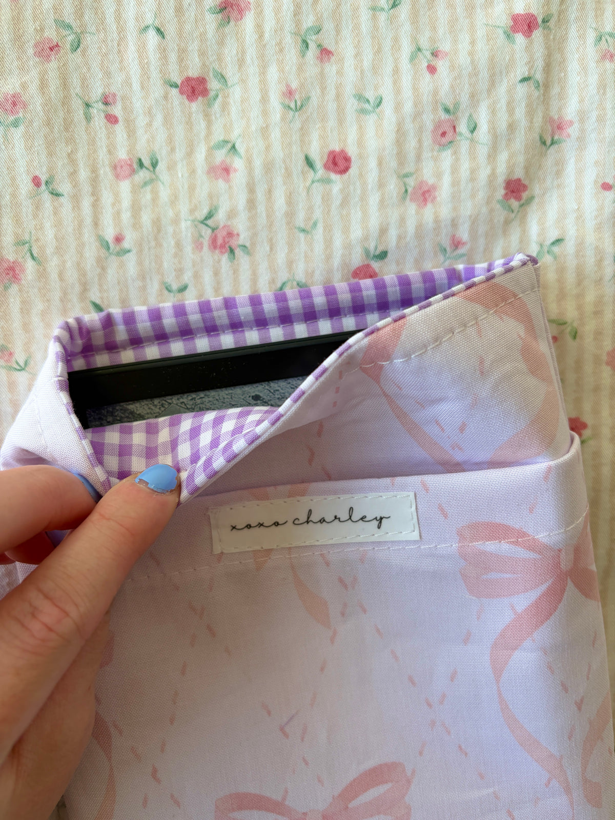 Large Pink Bow E-Reader/Book Sleeve - Purple Gingham